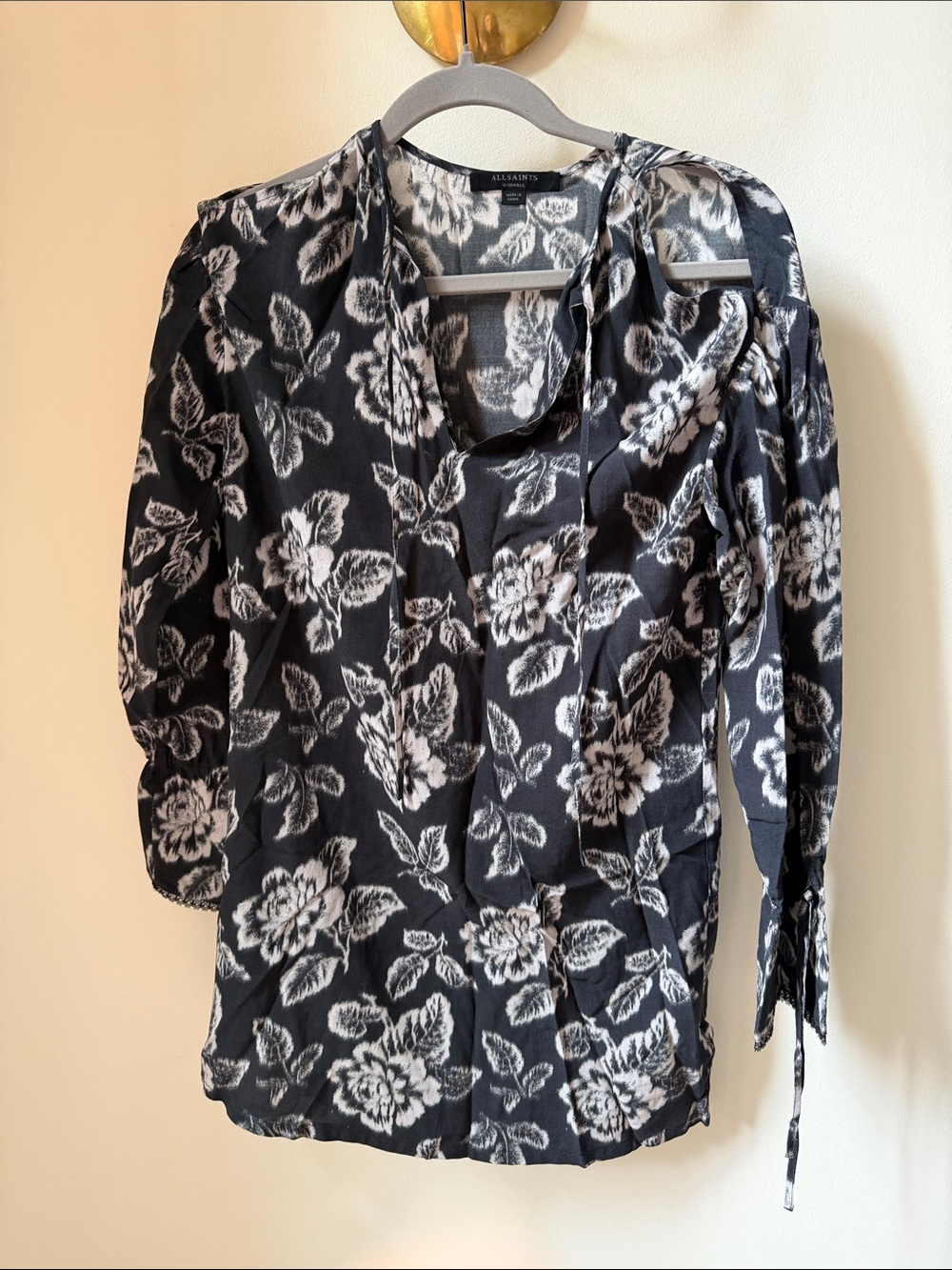 All Saints Black and White Floral Tie-Neck Blouse